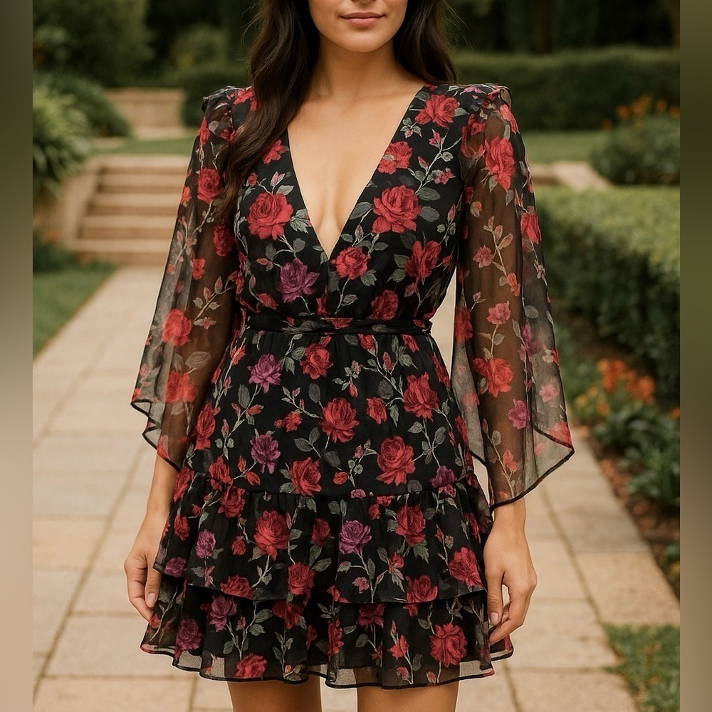 La Maison Talulah Jet Rose Mini Dress M Black Floral Sheer Ruffle NWT $260
